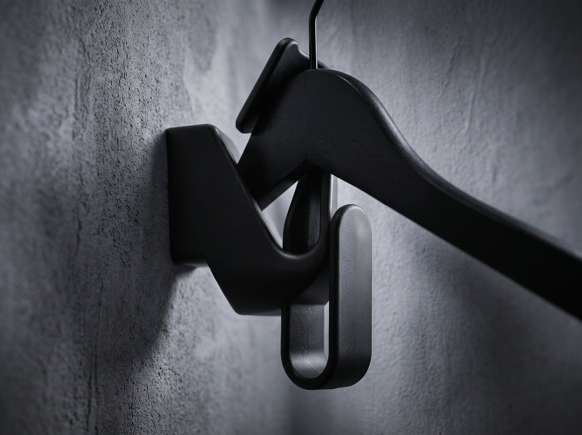 Gancho organizador negro instalado en una pared con ropa