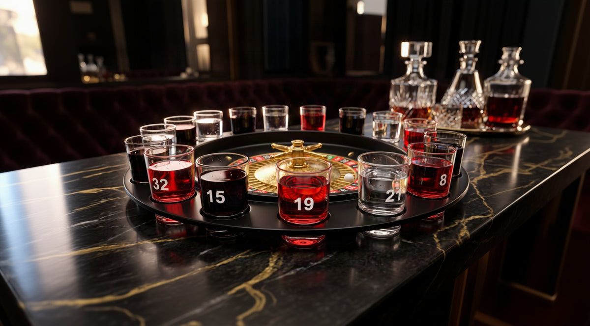 Ruleta de shots con vasos numerados sobre una barra