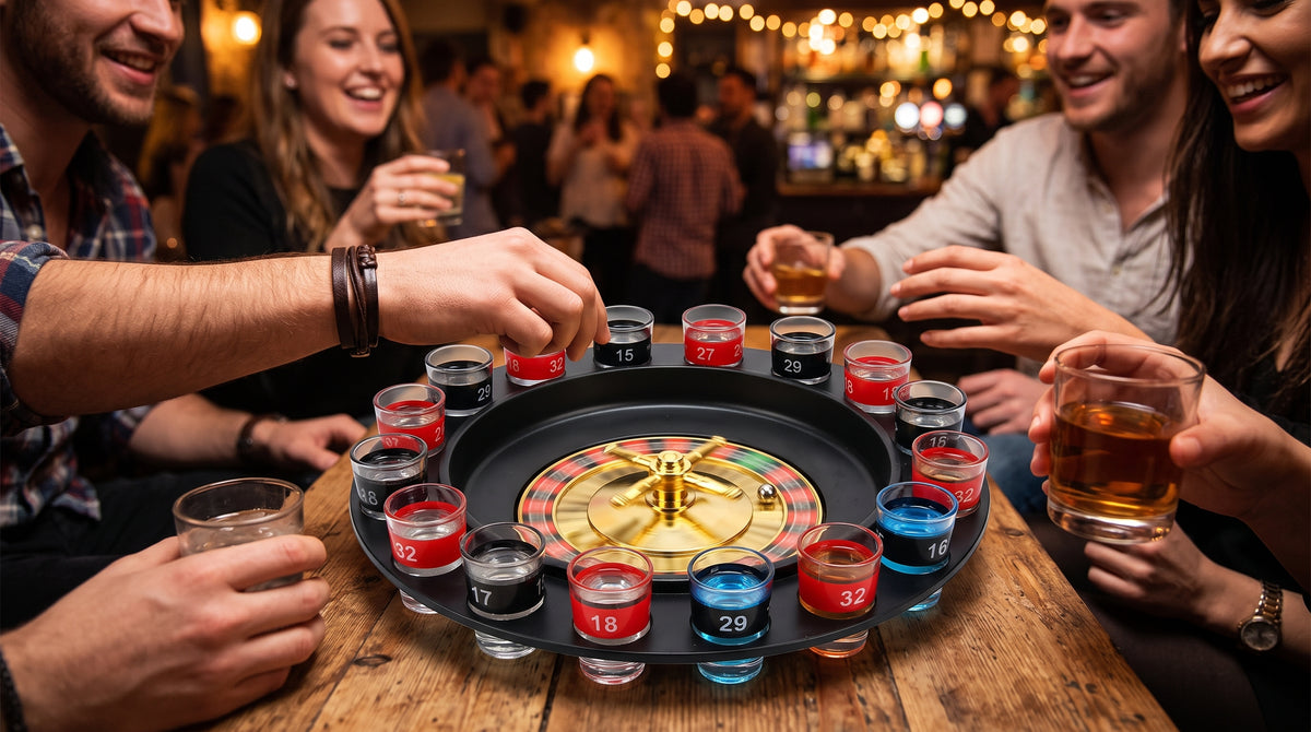 Personas adultas jugando con una ruleta de shots en una reunión