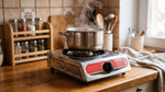Detalle del quemador de una cocina a gas portátil