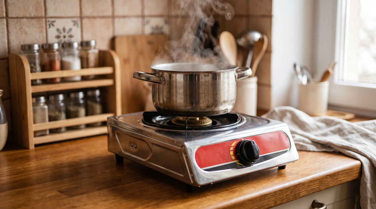 Detalle del quemador de una cocina a gas portátil