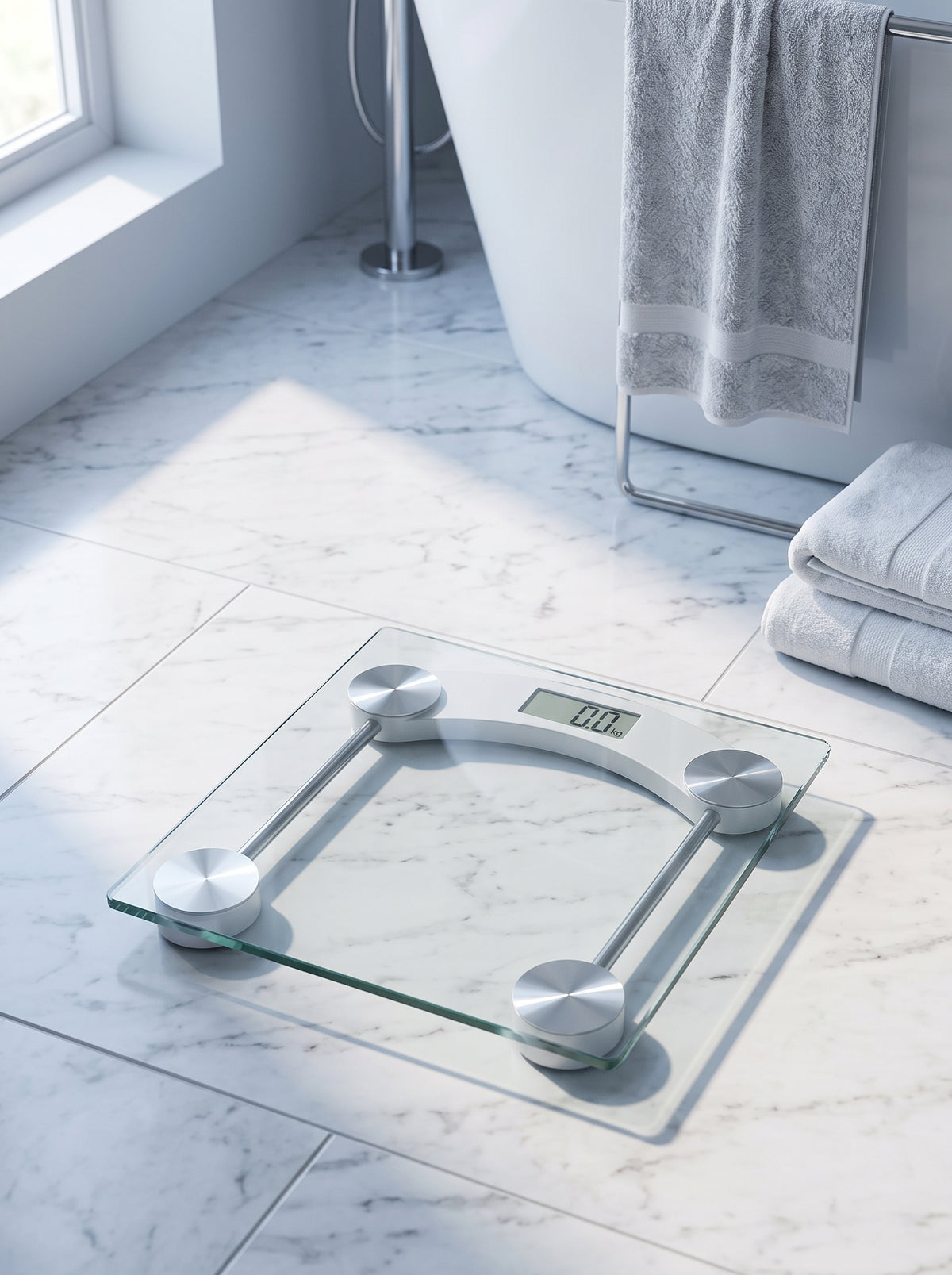 Balanza digital de vidrio en un baño