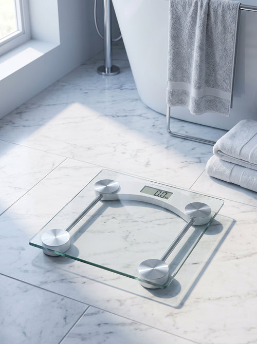 Balanza digital de vidrio en un baño