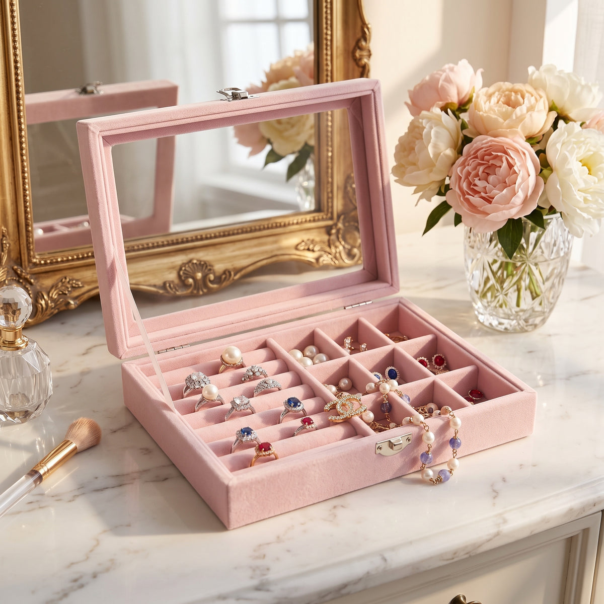 Detalle de joyero con espacios para anillos, collares y accesorios