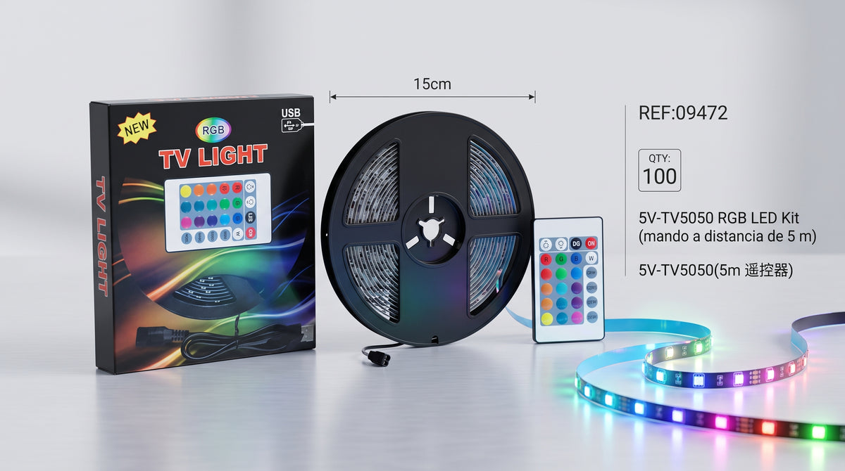 Cinta LED RGB USB con control remoto, rollo y empaque