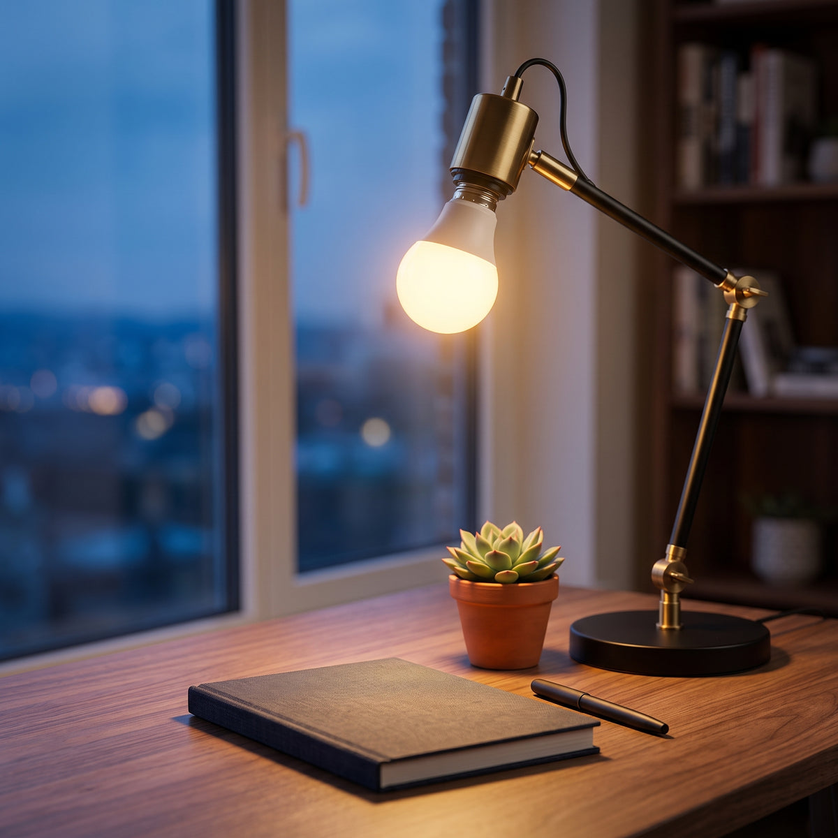 Ampolleta LED encendida en una lámpara de escritorio