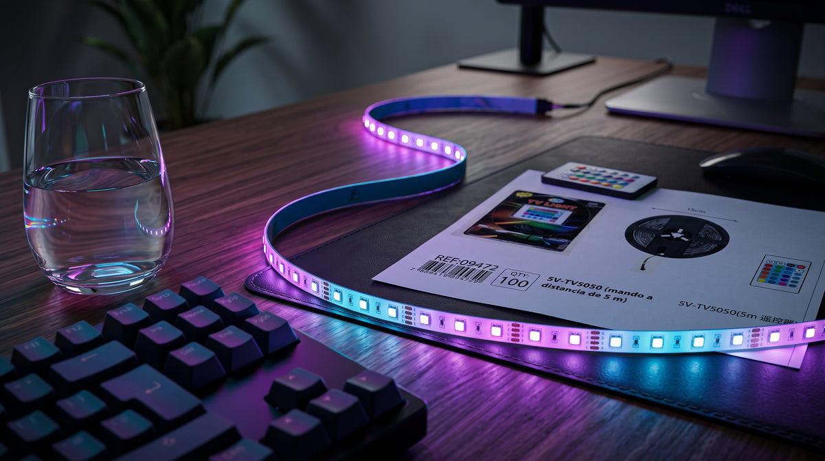 Cinta LED RGB multicolor sobre un escritorio