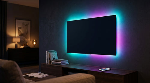 Cinta LED RGB iluminando la parte trasera de un televisor