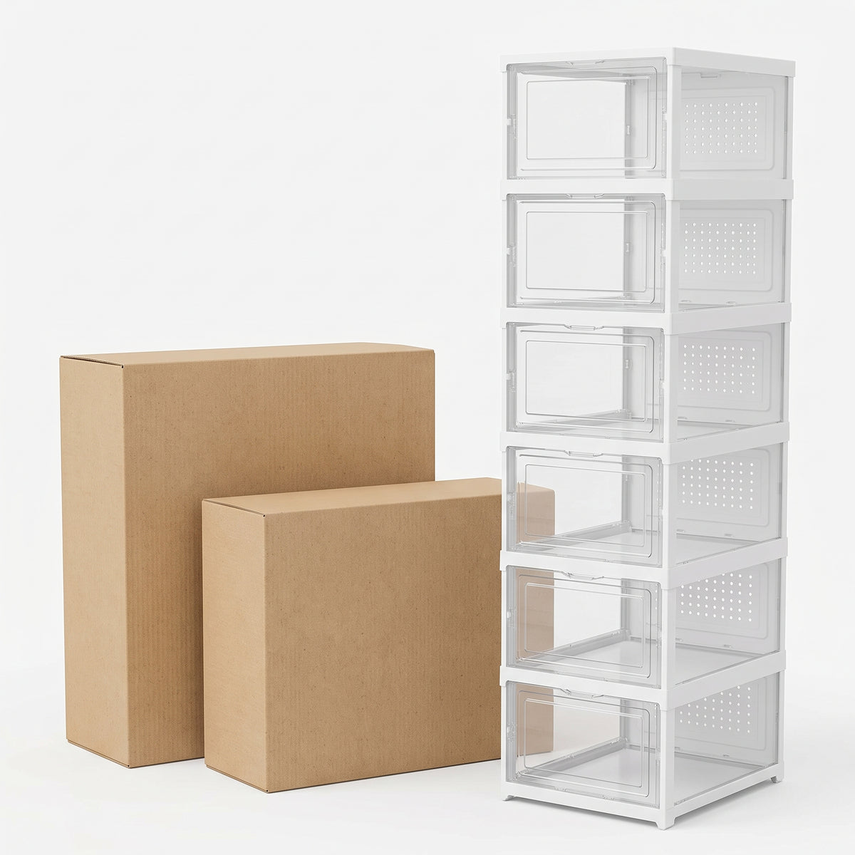 Set de organizadores de zapatos junto a sus cajas de empaque