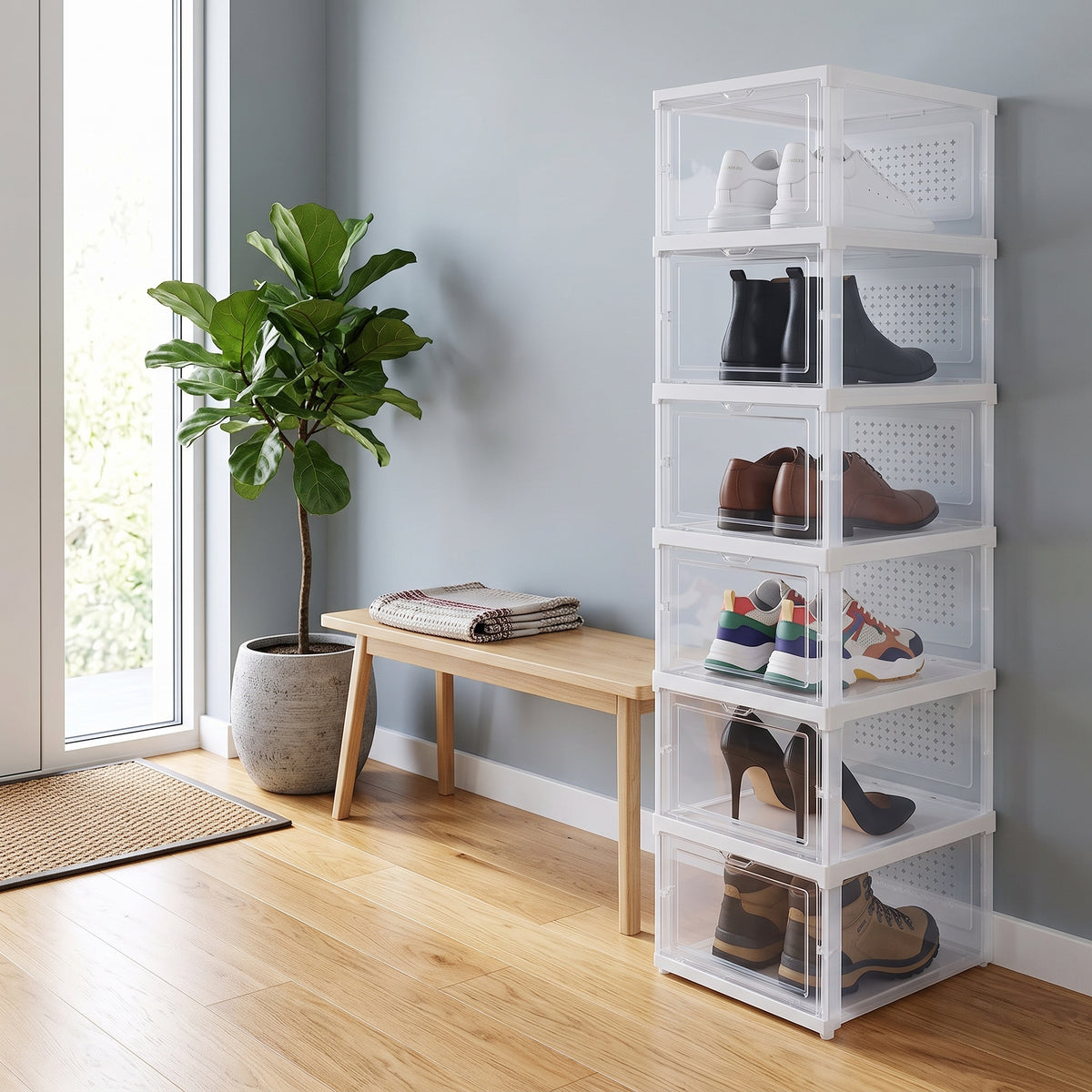 Organizadores transparentes apilables con zapatos ordenados