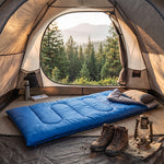 Saco de dormir azul dentro de una carpa