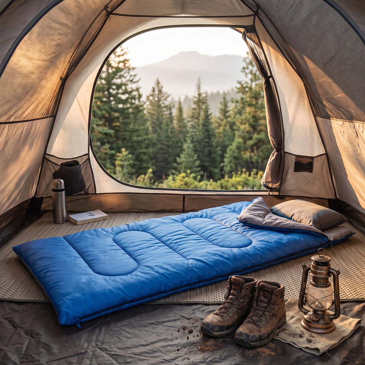Saco de dormir azul dentro de una carpa