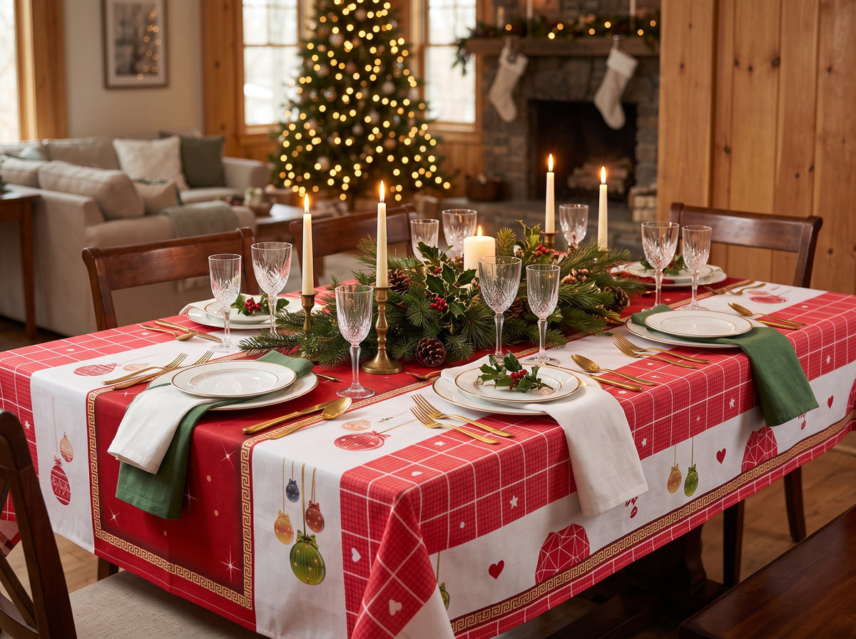 Mesa de Navidad decorada con mantel rojo y elementos festivos